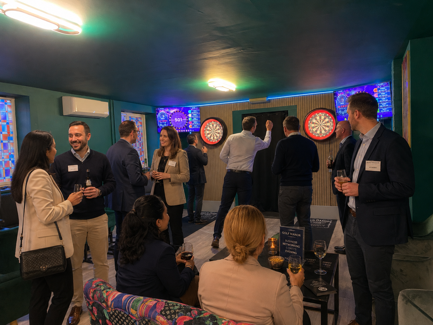 Guests networking and playing darts at the Golf Manor bar